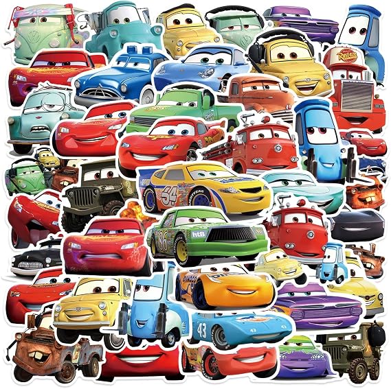 50 Pcs Cars Stickers, Lightning McQueen Cute Cartoon Stickers, Waterproof PVC Vinyl Decals for Kids Teens, Ideal for Water Bottle Laptop Skateboard Scrapbook Birthday Party Favors (CAR50)