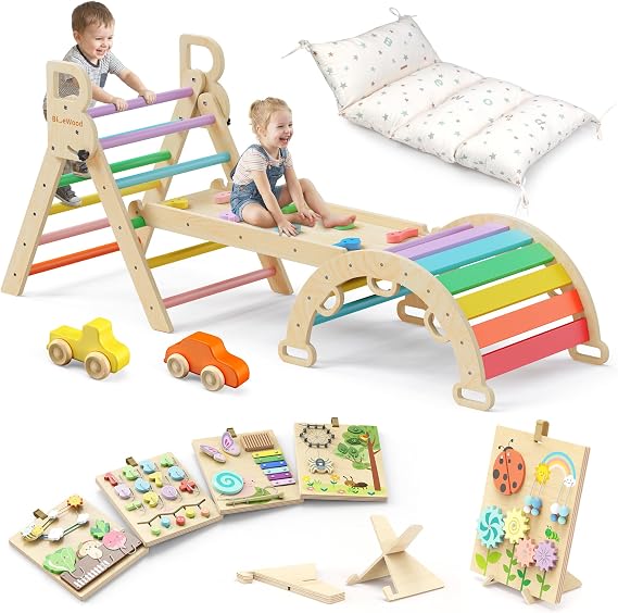 BlueWood Pikler Triangle Set Rainbow with Cushion and Wooden Busy Board