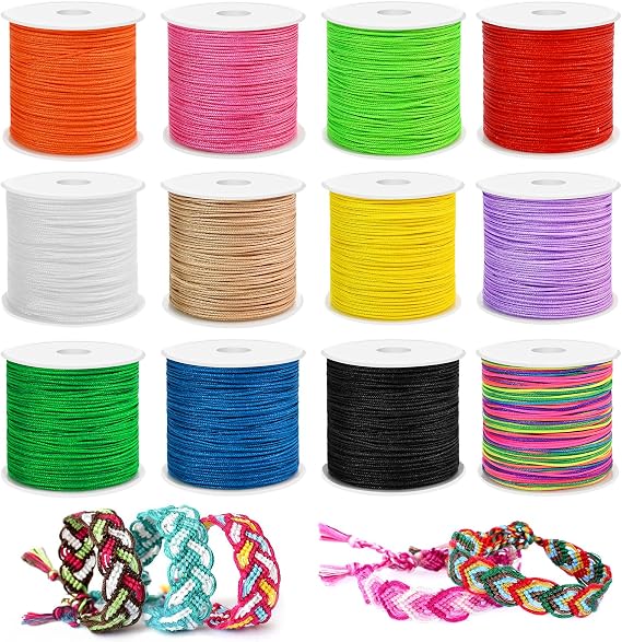 12 Rolls Nylon Braided String, Macrame Jewelry Bracelet Craft Cord | 12 assorted vibrant color spools, durable nylon thread for DIY braided bracelets & macrame handmade crafts