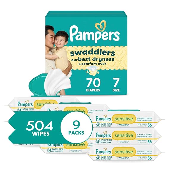 Pampers Swaddlers Diapers, Size 7 (26-50 lbs), 70 Count, Disposable Baby Diaper + Sensitive Baby Wipes, 504 Wipes Total (6X Flip-Top Packs) [Packaging May Vary]