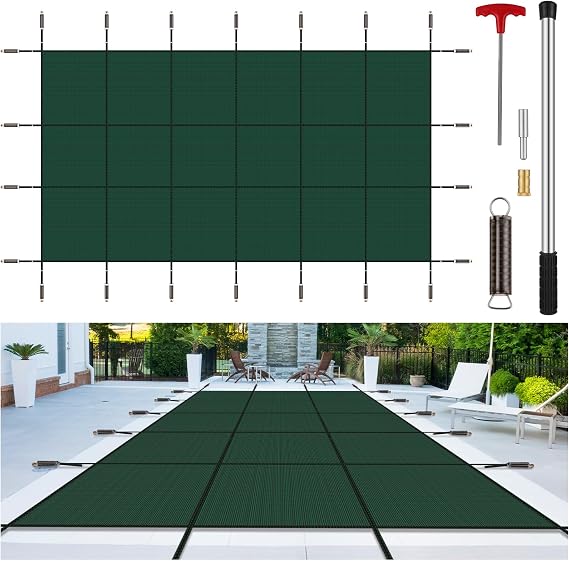 Inground Pool Cover Safety Fits 15x30ft Rectangle Swimming Pool, Mesh Solid Pool Cover for Inground Pools,Winter Pool Safety Cover Includes Safety Net and Installation Tools Green