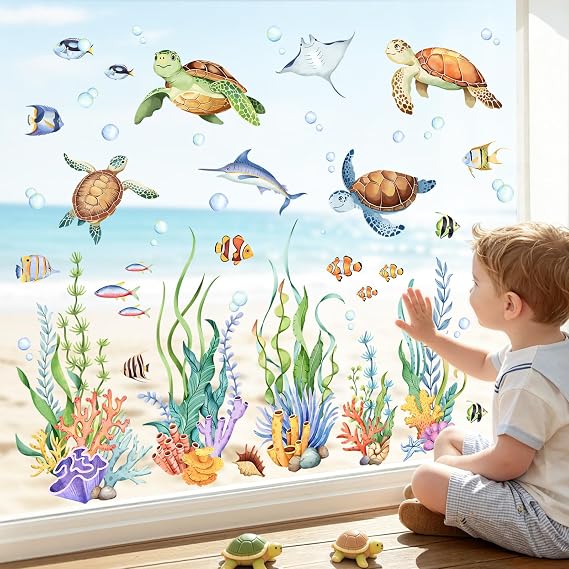 Supzone Sea Turtle Window Clings Under The Sea Seaweed Ocean Fish Summer Window Decals Anti-Collision Double-Sided Static Stickers for Kids Bathroom Bedroom Sliding Glass Doors