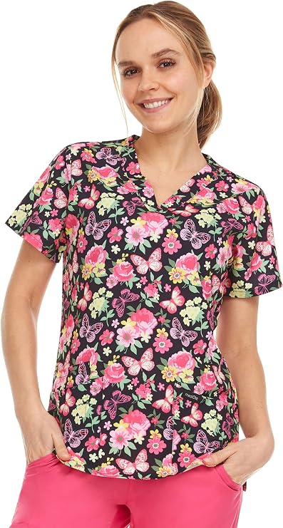 MediChic Womens Stretch Printed Scrub Top Fun & Friendly Patterns, Stretch Medical Scrubs V-Neck, Plus