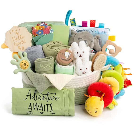 Baby Shower Gifts for Girls, 24 Piece Deluxe Baby Shower Gift Basket - Baby Girl Gift Basket with Swaddle, Rattle, Bath Towel, Brush, Car Seat Activity Toy & Milestone Cards for New Mom(Green)