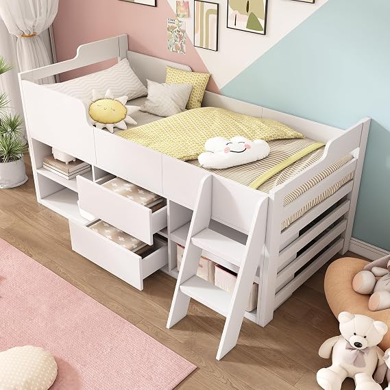 Jtyca Mid Sleeper Bed with Storage and Shelf, 3FT Children's Wooden Cabin Bed Frame with Drawers and Ladder, Low Sleeper Single Bed Frame for