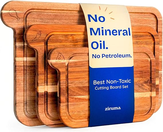 Non-Toxic Acacia Cutting Board Set of 3, Mineral Oil Free, Plastic Free | Petroleum free. No BPA. FSC-certified wood. 3 sizes: 17x11, 14x9 & 11x7 in. Beeswax, flaxseed & lemon oil finish.