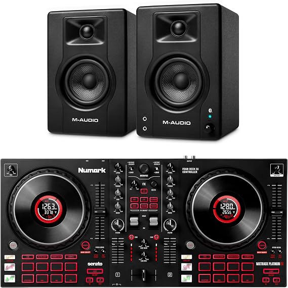 Numark Mixtrack Platinum FX DJ Controller and M-AUDIO BX3 Pair Bluetooth Studio Monitors for Studio Recording, Music Production, Podcasting, Streaming