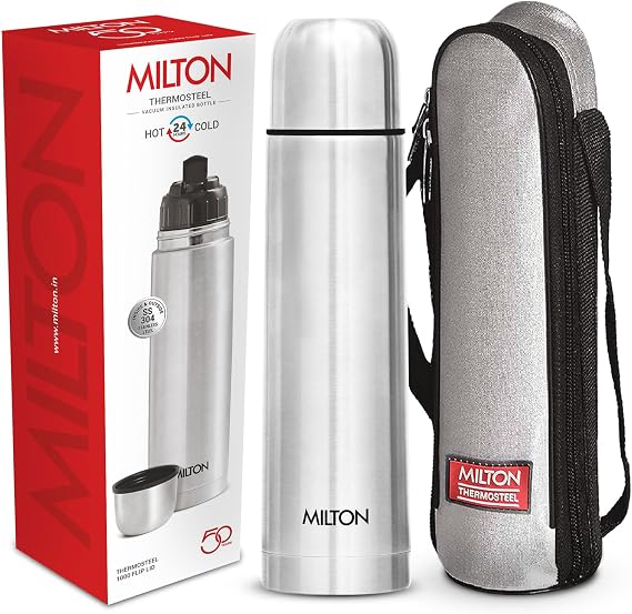 Milton Flask 1 Litre (34 oz) Insulated Water Bottle with Cover, Flip Lid | Stainless Steel, Double Wall Vacuum Insulation, Keeps Drinks Hot & Cold up to 24 Hours, Leak Proof, Silver