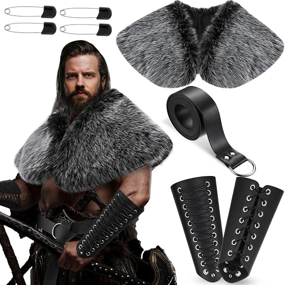 Maiteenly 4 Pcs Halloween Viking Costume Set Viking Faux Fur Collar Belt Leather Gauntlet Wristband Medieval Viking Costume