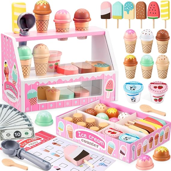 WHOHOLL Wooden Ice Cream Counter Playset for Toddler Girl Toys, Play Store Pretend Toy Food Play Kitchen Accessories with Fake Money & Coin, Christmas Birthday Gifts for 3+ Year Old Kids (Pink)
