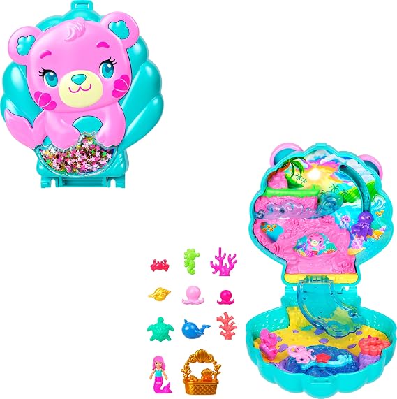 Polly Pocket dolls and play set, Sparkling Island portable mini play set, 1 micro mermaid doll, ocean creatures and theme-friendly accessories, JCB16