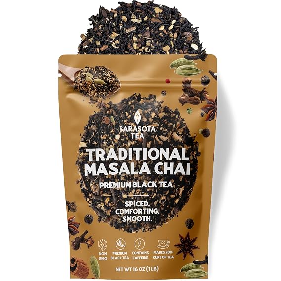 Masala Chai Tea, 16-Ounce (1 lb) Bulk Bag Authentic Indian Loose Leaf Black Tea with Cinnamon, Cardamom, Ginger & Clove Bold Spiced Chai Blend, Caffeinated, Non-GMO
