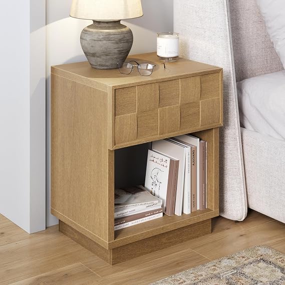 Nathan James Paige Mid Century Modern Nightstand with 1 Drawer, Rustic Bedside Table with Sculpted Drawer Front and Open Bottom Shelf, Light Brown