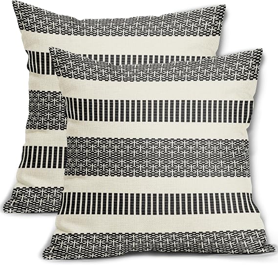 Black Striped Pillow Covers 18x18 Set of 2 Boho Stripe Pattern Print Cream White Decorative Throw Pillows Outdoor Modern Pillowcase Square Cushion Case for Home Sofa Couch Bed