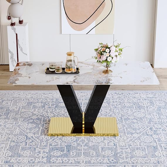 Marble Dining Table for 6,71'' Gold Dining Table with Faux Marble Table Top and Glossy Black V-Shaped Base,Large Modern Dining Table Ideal for Dinner Parties Apartments Kitchen