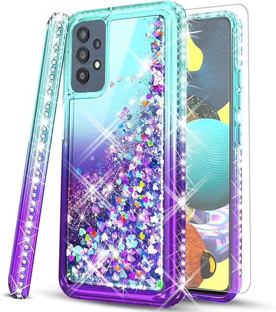 STARSHOP Compatible with Samsung Galaxy A72 5G Case, with [Tempered Glass Screen Protector Included] Liquid Bling Sparkle Floating Glitter Quicksand Diamond Phone Case Girls Women Cute - Aqua/Purple