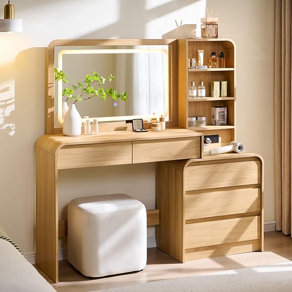 Aitjunz Vanity Desk with Mirror and Lights, 50 Modren Makeup Vanity with 35.43" Mirror and 5 Drawers, Makeup Table with Charging Station for Women and Girls, Bedroom (Natural)