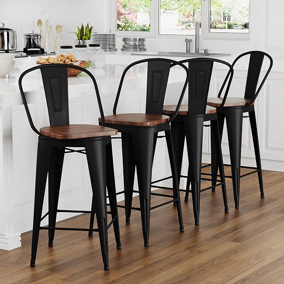 24" Swivel Metal Bar Stools Set of 4 Counter Height Bar Chairs Industrial High Back Barstools with Large Wooden Seat Matte Black