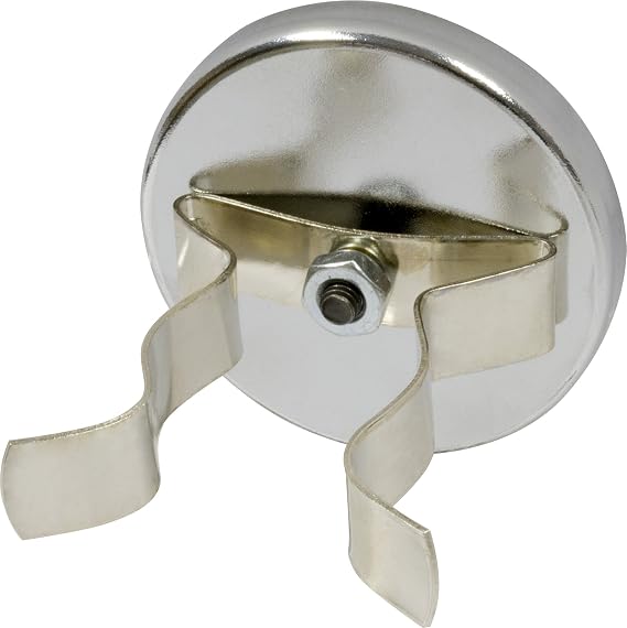 MAG-MATE MX2000NP01 Cup Magnet with Nickel Plated Spring Clamp, Magnetic Holder for Brooms, Flashlights, Spray Cans, etc., Permanent Ceramic Magnets, 19 lbs Holding Capacity