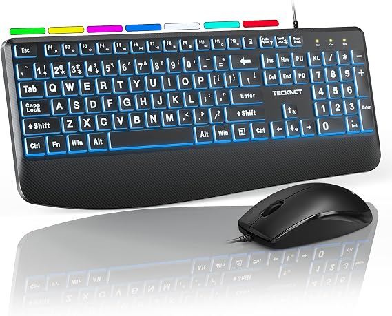 TECKNET Wired Keyboard and Mouse Combo, 4X Large Print, 7-Color Backlit Silent Keyboard Kits, Ergonomic Design with Wrist Rest, Soft-Typing, USB Plug & Play for Computer/Mac/Laptop