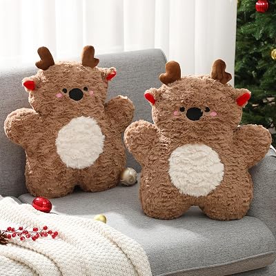 Shellwei 2 Set Christmas Pillows Decorations 17.72 Inch Soft Plush Elk Shaped Xmas Throw Christmas Deer Pillows for Sofa Bedroom Living Home Holiday Party Decor Gifts