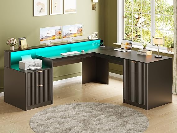 SEDETA 66" Modern L Shaped Desk with Drawers, Fluted Home Office Desk with File Cabinet & Printer Shelf, Wood Executive Desk with Monitor Stand, Power Outlets, Led Lights, Black