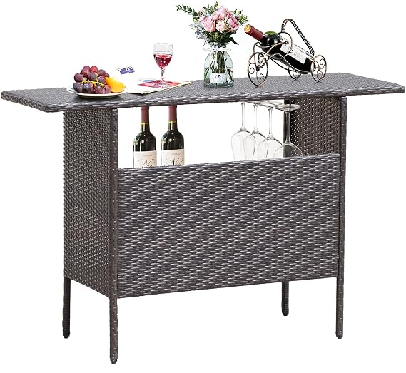 FANTASK Outdoor Wicker Bar, Paito Bar Table w/2 Storage Shelves, 2 Sets of Rails and Condole Cup Holders, Rattan Bar Counter Table for Backyard, Poolside, Garden