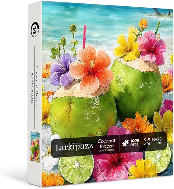 Beach Puzzles for Adults 1000 Pieces, Summer Ocean Flower Jigsaw Puzzle Coconut, Larkipuzz Impossible Challenging Seaside Landscape Theme for Nature Lovers