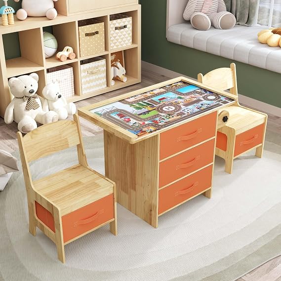 Timechee Pine Wood Kids Table and Chair Set 3 in 1 Wooden Toddler Table with Storage, Children's Drawing Reading Desk, with Drawers & Storage Baskets, Natural