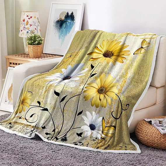 Rustic Throw Blankets, Floral Throw Flannel Blankets for Couch & Bed, Spring Yellow Sun Super Soft & Warm Blankets, Plush Cozy Fuzzy Blanket