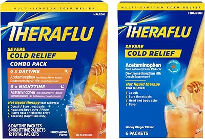 Theraflu Severe Cold Relief Hot Liquid Powder Combo: 12ct DaytimeNighttime Honey Lemon Flavor  6ct Daytime Honey Ginger Flavor