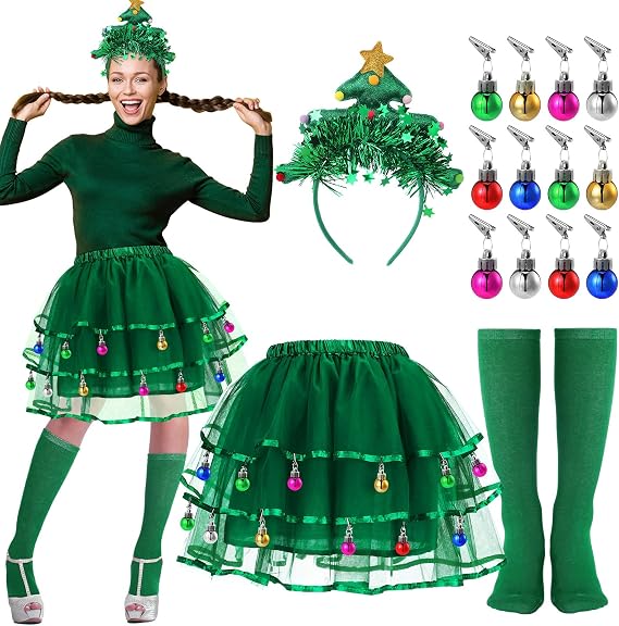 JenPen 4 Pcs Christmas Tree Costumes for Women Xmas Tutu Skirt Christmas Tree Headband Socks Xmas Outfit for Costume