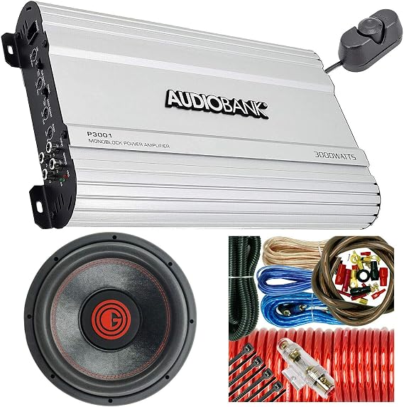 Audiobank P3001 Monoblock 3000 Watts Class AB Car Audio Amplifier + 1x Gravity G3-12D4 Subwoofers 12" 4000W + Complete 4 Gauge Amplifier Installation Kit