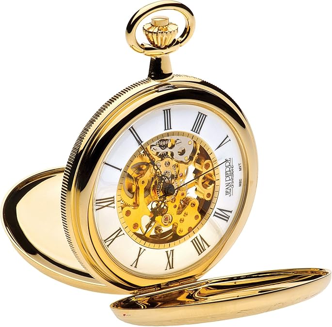I LUV LTD Ornate Hunter Skeleton Pocket Watch 17 Jewelled Mechanical Gold Plated Case
