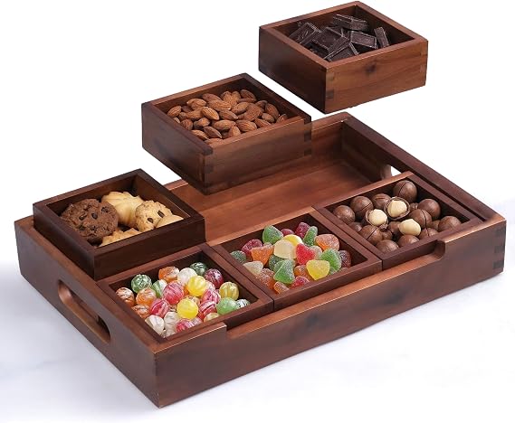 Set7 Wood Serving Tray with Handles Large Rectangular Breakfast & Ottoman Tray with Raised Edges, Serving Platter Snack Tray, Serving Tray with Food (7, Vintage Wood 2)