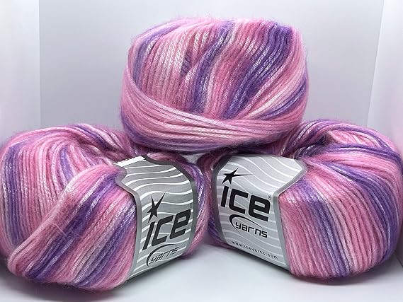 Ice Yarns Picasso 3 Pack - Pinks and Lilacs, Fuzzy with Subtle Sheen Worsted Weight, 3x125 Yards (3x115meters) 3x1.76 Ounces (3x50 Grams)