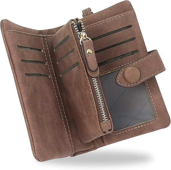 conisy Small Women Wallet with Wristlet,Large Capacity RFID Blocking Purse (Brown)