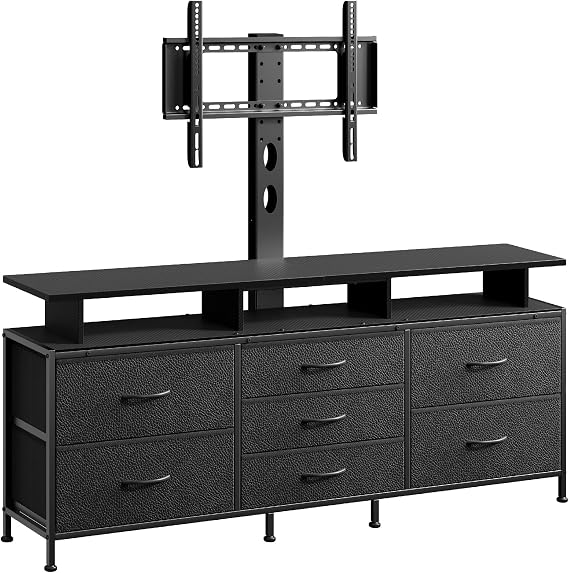 REAHOME 63 Inch 7 Drawers Black TV Stand with Mount for 3270 Inch TVs | Adjustable VESA Standard TV Mount, Entertainment Center, 7 Fabric Drawers & Open Shelves for Living Room
