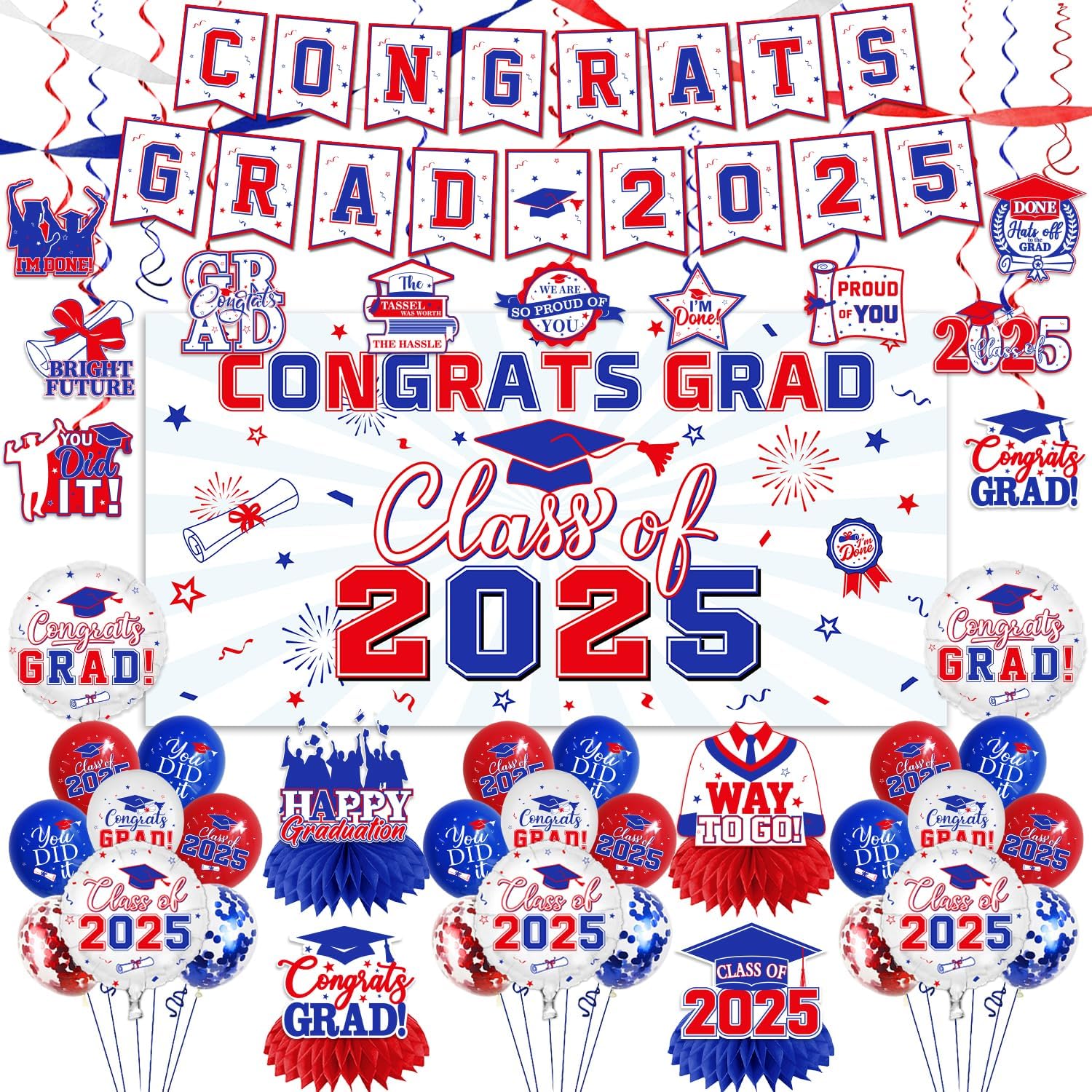 2025 Graduation Decorations-Class of 2025 Decorations Set with Congrats Grad Backdrop,Banner,Honeycomb Centerpiece and Balloons for Blue Red Graduation Party Supplies