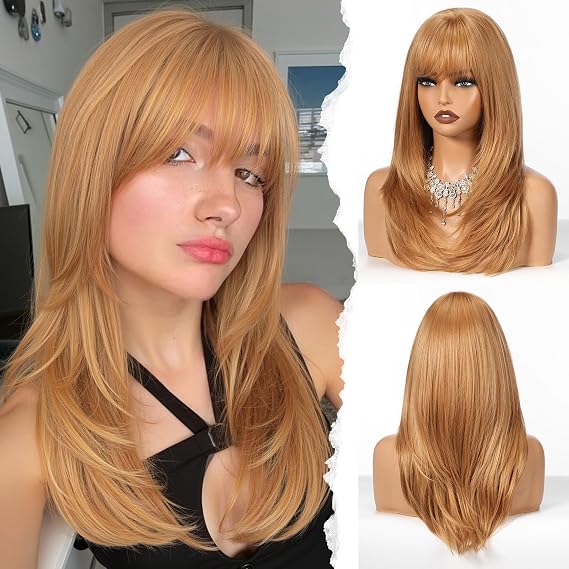 HAIRCUBE Layered Golden Blonde Medium Long Straight Synthetic Wigs for Women with Bangs Heat Resistant Natural Look for Daily Use