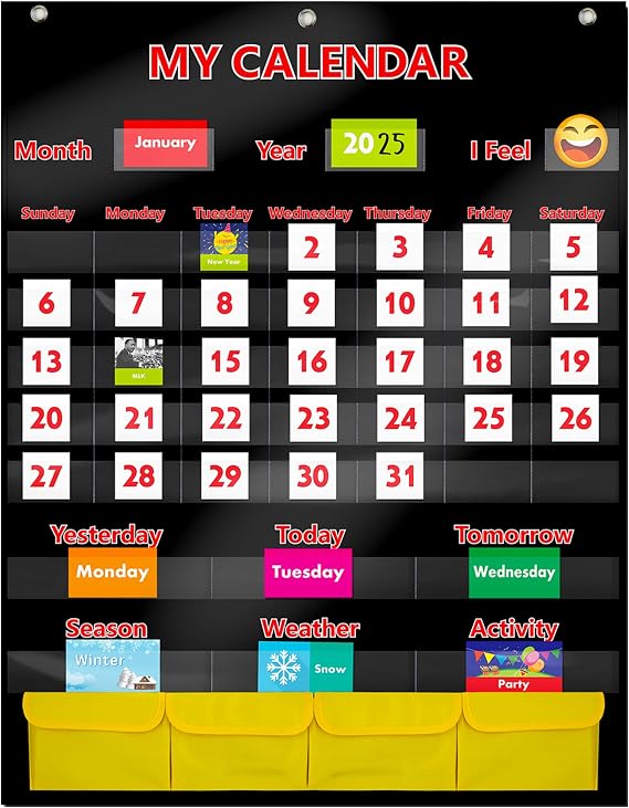Black Calendar and Weather Pocket Chart with 148 Cards,(108 Illustrated Activity Cards, 40 Dry Erasable Flash Cards and 3 Hooks 28"x35.5")