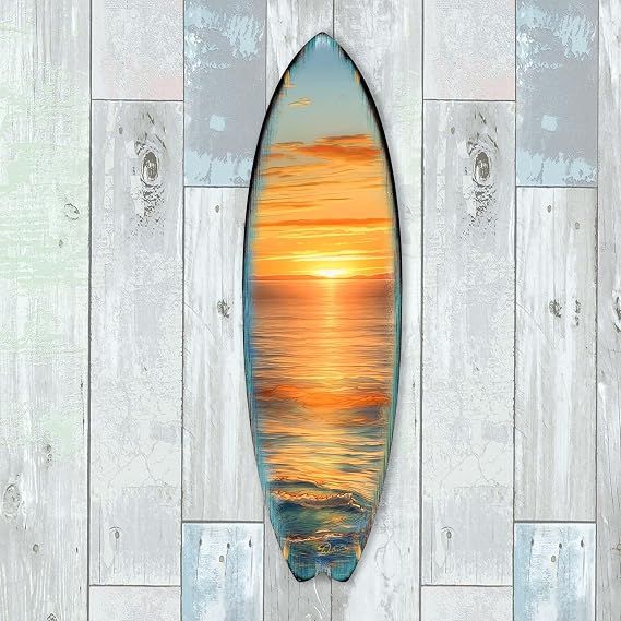 48-inch Golden Waves Surfboard Wall Art, Handcrafted Coastal Holiday Decor by G. Debrekht