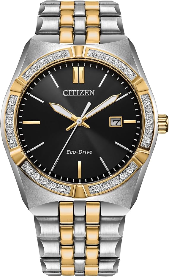 Citizen Men's Eco-Drive Corso Diamond Bezel Watch, Two-Tone Stainless Steel Bracelet Watch, 3 Hand, Date