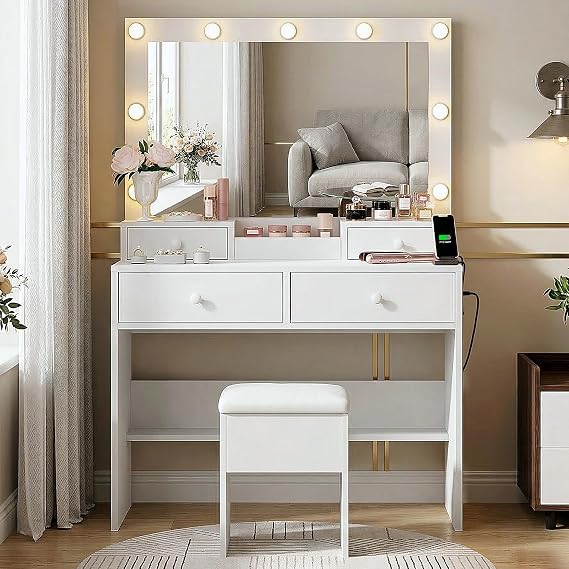 Haewon Vanity Desk Set with LED Mirror, Storage Chair, White Makeup Table | Built-in Power Outlet, 9 Light Bulbs, 3 Lighting Modes, 4 Drawers, for Bedroom