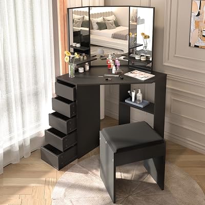MELLCOM Corner Vanity Desk Makeup Table Set, Dressing Table with 5 Drawers and Tri-Fold Mirror, Black Vanity with Cushioned Stool for Bedroom, Bathroom