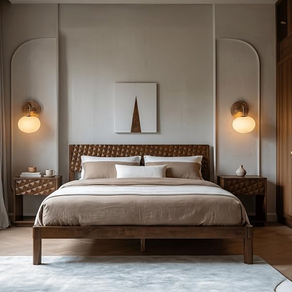 Sapa Solid Wood Bed Frame with 3D Carved Headboard, Japanese Joinery, No Box Spring Needed, Silent Slats, Easy Assembly - King - Dark Walnut