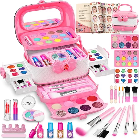 Hollyhi 58 Pcs Kids Makeup Toys Kit for Girls, Real Washable Make Up Set | Safety Material Certificates, Non-Toxic, Storage Case with Mirror, Birthday Gifts for 3 4 5 6 7 8 9 10 11 12 Years Old (Pink)