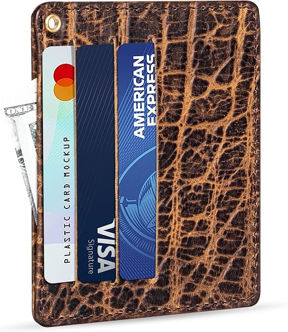 Gexmil Genuine Leather Card Holder, Full Grain Leather, Hand-made, 6 Cards Slots, Front Pocket Credit Card Wallet, Minimalist and Light Weight, Giant Pebble Brown