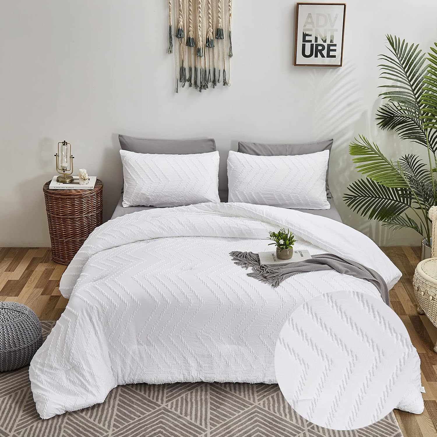 Karever Bohemian Tufted Comforter Set Twin White Tassels Doona Bedding Set 3 PCs Warm Soft Bedding Sets Boho White Tufted for Girls Women Teens White Comforter Twin 68"x90&quot