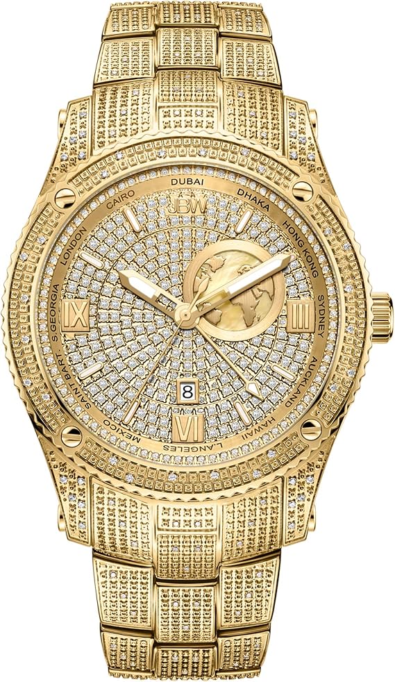 JBW Luxury Men's Jet Setter GMT J6370A 1.00ct Diamond Watch with Gold Plated Stainless Steel Bracelet, gold, Bracelet